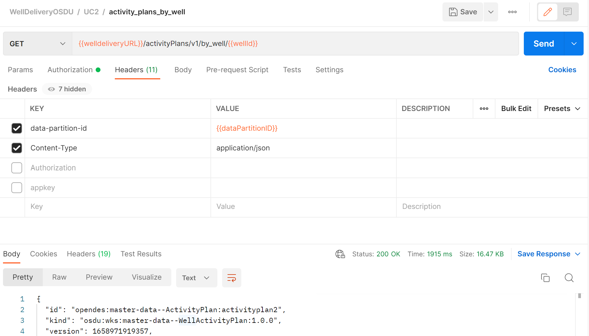 Screenshot of the API that gets an activity plan by well ID.