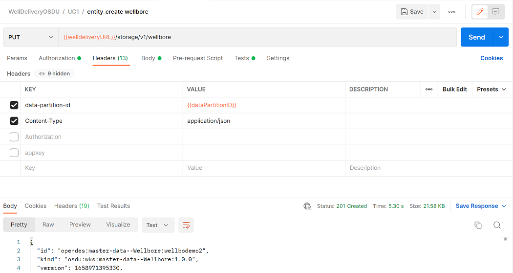 Screenshot that shows the API that creates a wellbore record.