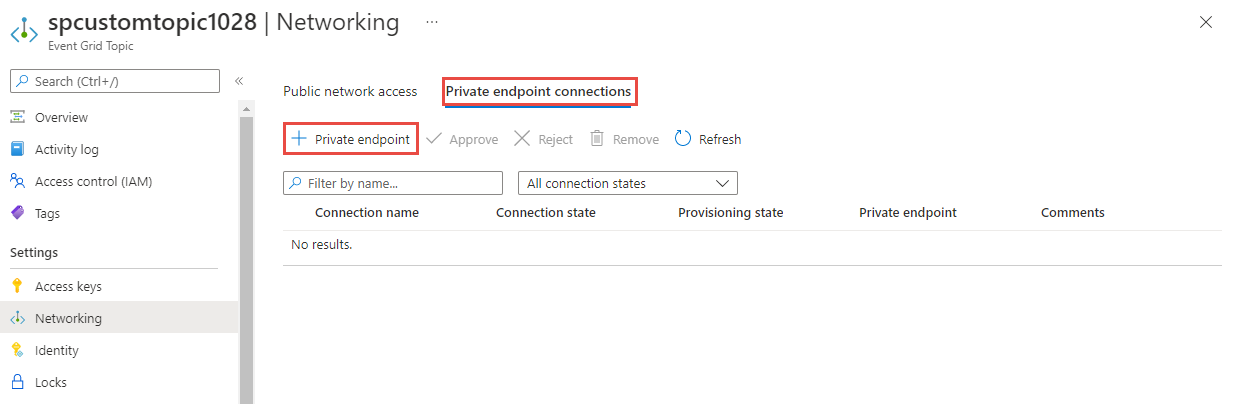 Cuplikan layar memperlihatkan pilihan tautan + Titik akhir privat pada tab Koneksi titik akhir privat.