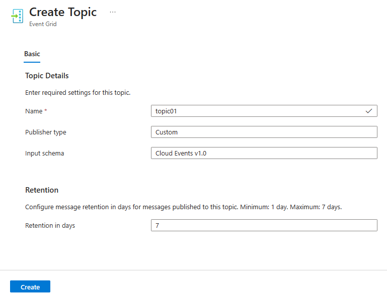 Cuplikan layar memperlihatkan dasar-dasar pembuatan topik namespace Layanan Event Grid.