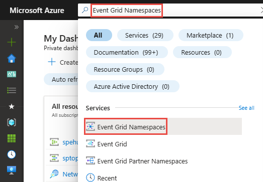 Cuplikan layar memperlihatkan Namespace Layanan Event Grid di hasil pencarian.