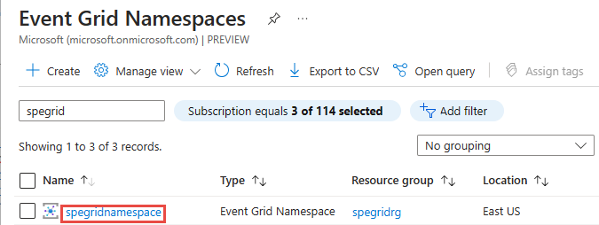 Cuplikan layar memperlihatkan pilihan namespace layanan di daftar namespace Layanan Event Grid.