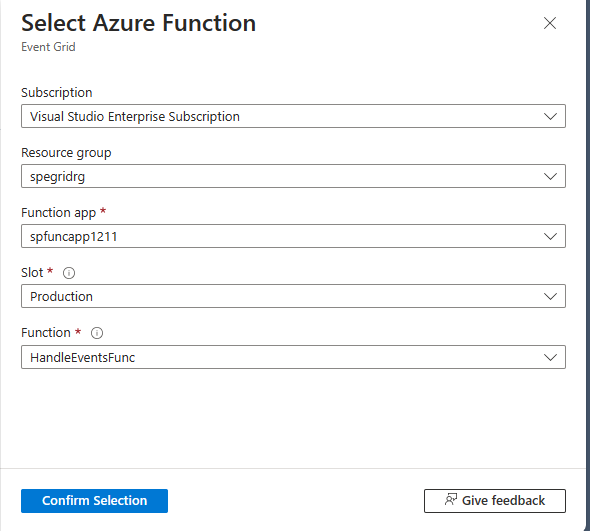 Gambar yang memperlihatkan halaman Pilih Fungsi Azure yang memperlihatkan pemilihan fungsi yang Anda buat sebelumnya.
