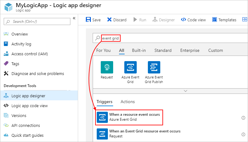 Cuplikan layar yang memperlihatkan perancang alur kerja dengan pemicu Azure Event Grid yang dipilih.