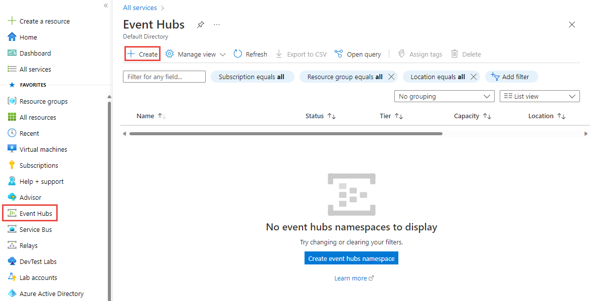 Cuplikan layar memperlihatkan pilihan tombol Buat di halaman Event hubs.