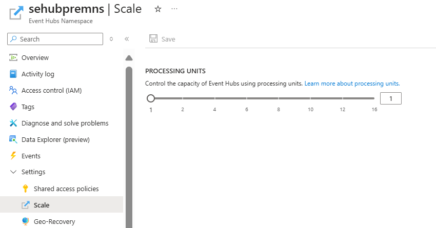 Tangkapan layar yang menunjukkan halaman Scale dari namespace premium yang sudah ada dengan unit pemrosesan yang telah dikonfigurasi.