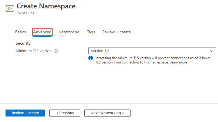 Cuplikan layar yang menampilkan halaman untuk mengatur versi TLS minimum saat membuat namespace layanan.