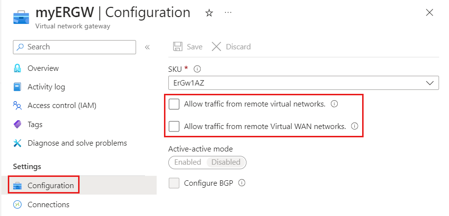 Cuplikan layar yang memperlihatkan cara mengaktifkan VNet ke VNet dan VNet ke lalu lintas WAN.