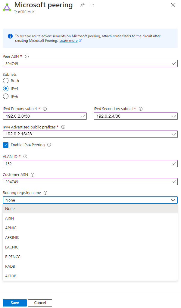 Cuplikan layar menunjukkan cara memperbarui konfigurasi peering Microsoft.