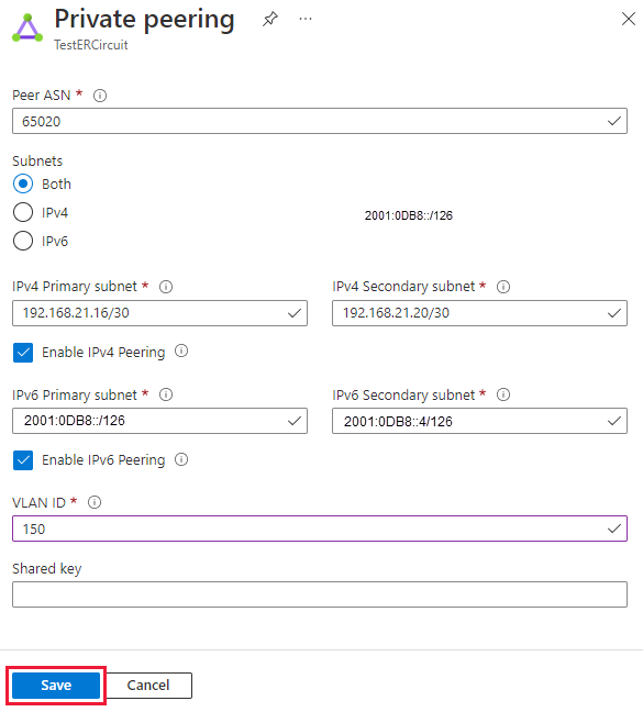 Cuplikan layar menunjukkan cara memperbarui konfigurasi peering privat.