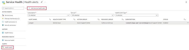 Cuplikan layar pemilihan riwayat kesehatan di Azure Service Health.