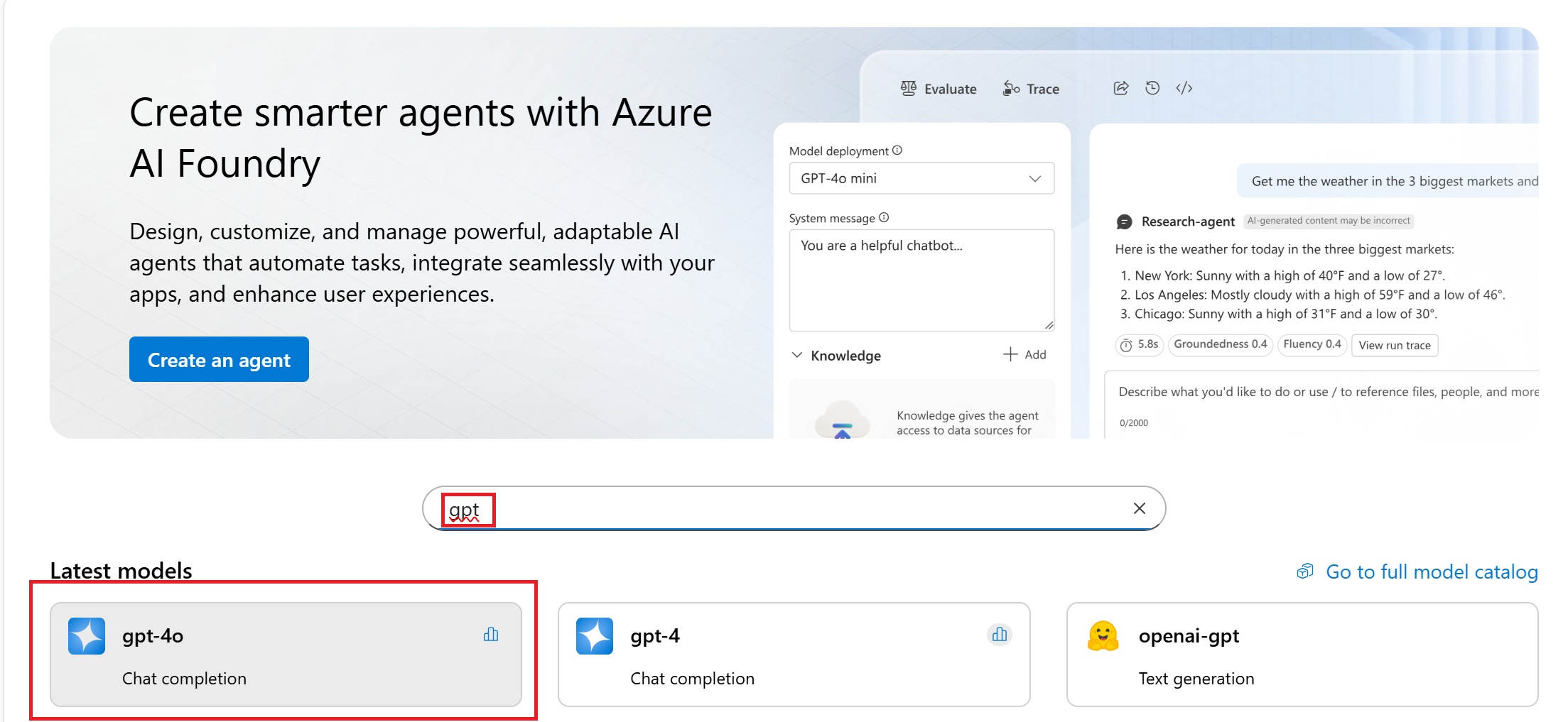 Cuplikan layar memperlihatkan cara memulai dengan model di portal Foundry.