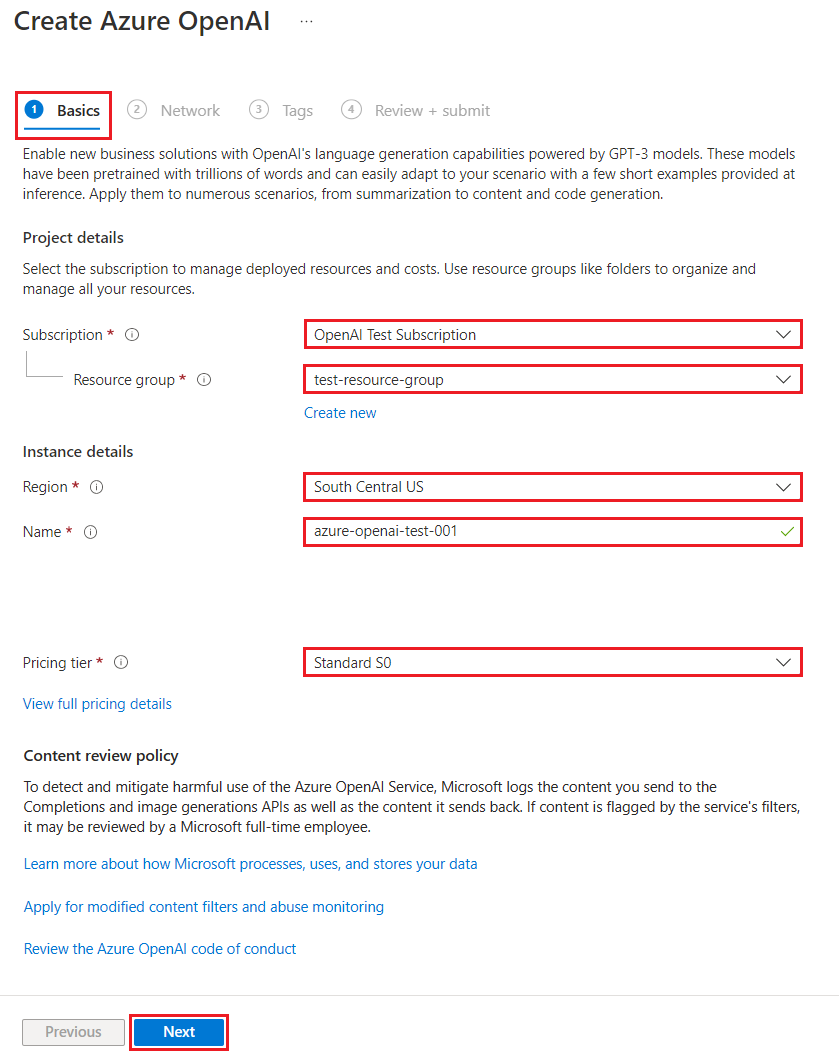 Screenshot yang menunjukkan cara mengonfigurasi sumber daya OpenAI Azure di portal Azure.