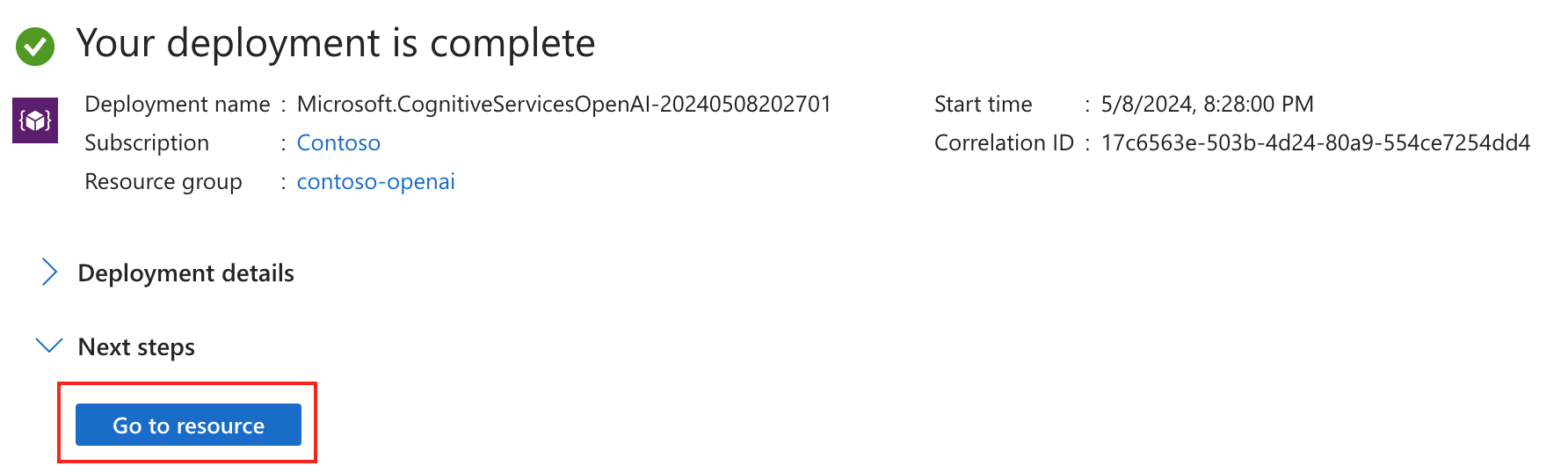 Screenshot memperlihatkan tombol Buka sumber daya di portal Azure.