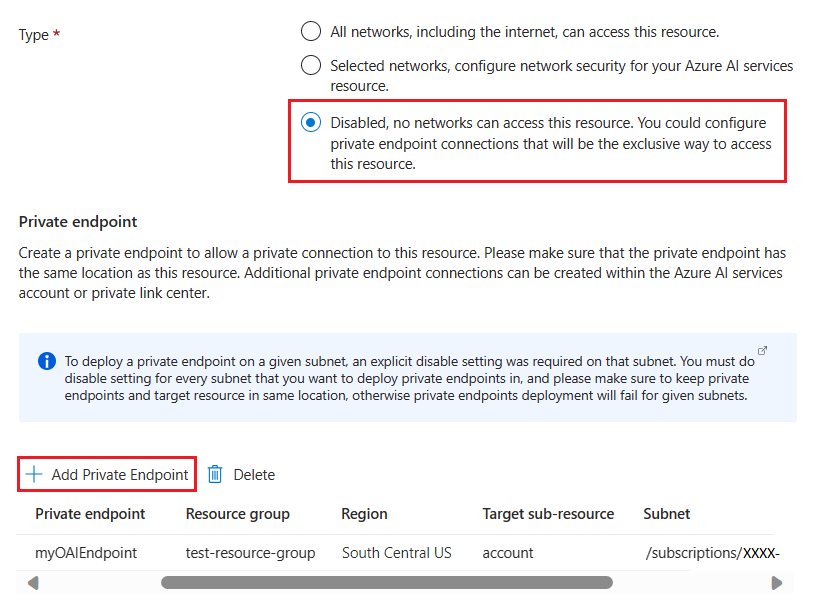 Screenshot yang menunjukkan cara menonaktifkan keamanan jaringan untuk sumber daya OpenAI Azure di portal Azure.