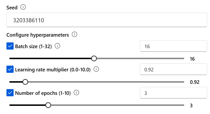 Cuplikan layar area untuk mengonfigurasi seed dan hyperparameter di portal Foundry.
