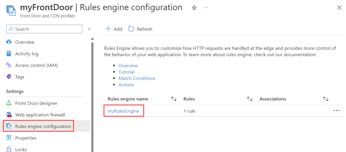 Cuplikan layar memperlihatkan halaman konfigurasi mesin aturan Azure Front Door.