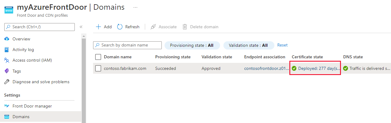 Cuplikan layar yang memperlihatkan status sertifikat pada panel arahan Domain.
