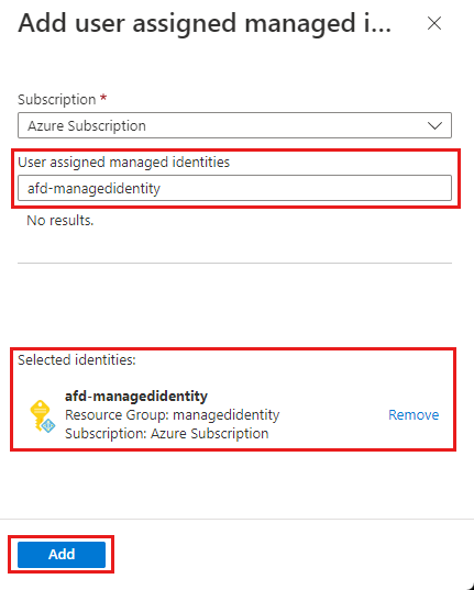 Screenshot of the add user assigned managed identity page.