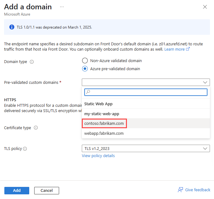 Cuplikan layar yang memperlihatkan panel Tambahkan domain dengan domain yang telah divalidasi sebelumnya.
