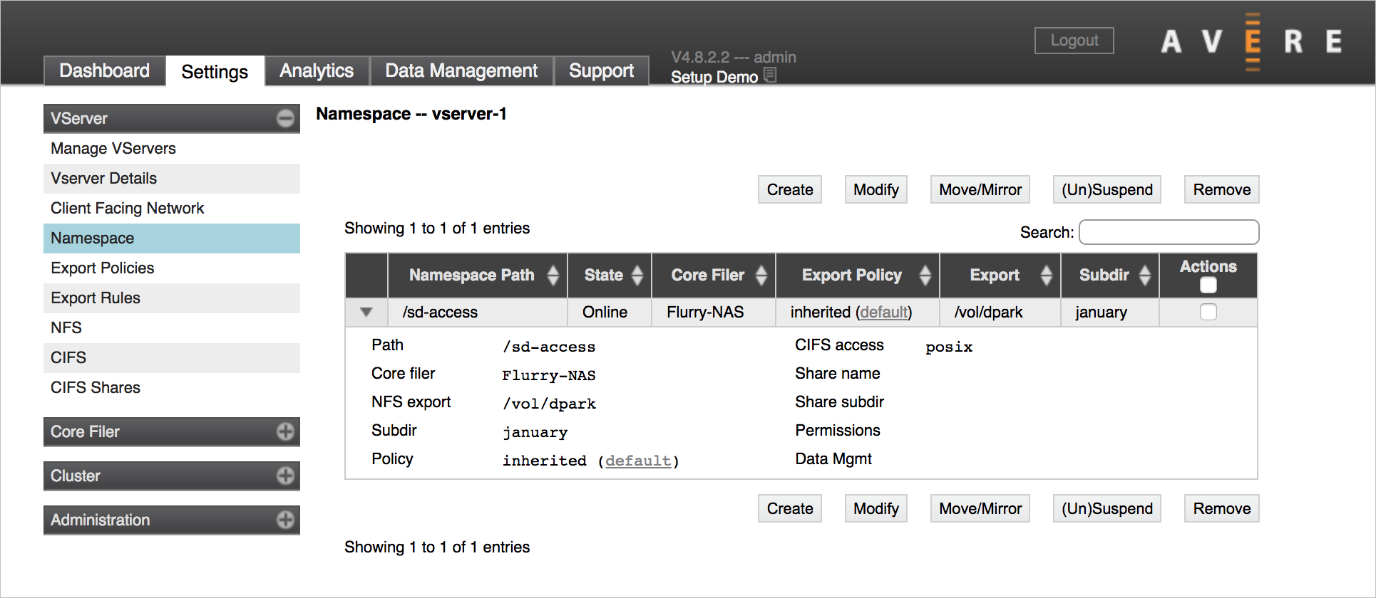 Halaman pengaturan Namespace VServer > memperlihatkan detail untuk persimpangan