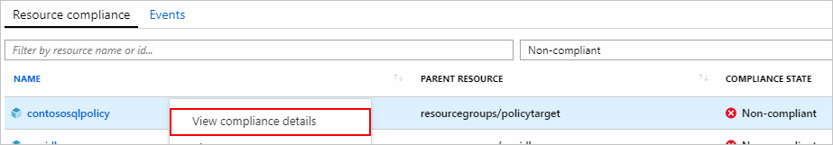 Cuplikan layar tautan Tampilkan detail kepatuhan pada tab Kepatuhan sumber daya.