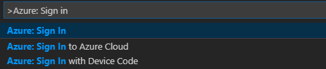 Screenshot of the Azure cloud sign in options for Visual Studio Code from the Command Palette.