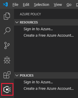 Screenshot of Visual Studio Code and the icon for the Azure Policy extension.