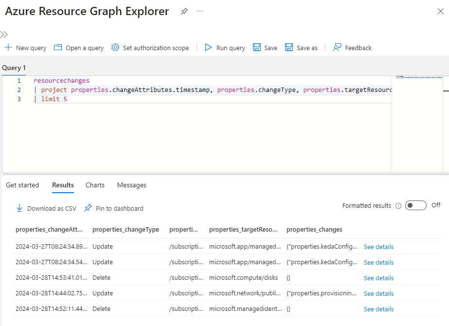 Cuplikan layar cara menjalankan kueri di Resource Graph Explorer lalu menampilkan hasil.