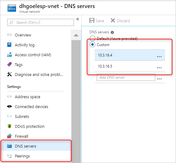 Mengonfigurasi server DNS kustom untuk jaringan virtual yang di-peer