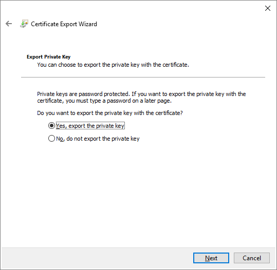 The Export Private Key page of the Certificate Export Wizard