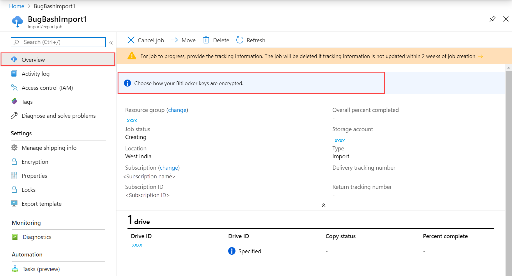 Cuplikan layar bilah Gambaran Umum untuk pekerjaan Impor/Ekspor Azure. Item menu gambaran umum dan tautan yang membuka opsi kunci BitLocker disorot.
