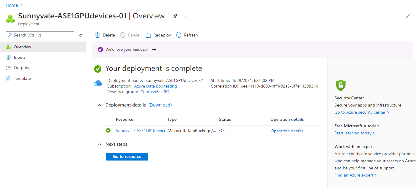 Cuplikan layar menunjukkan sumber daya manajemen yang telah selesai di Azure Stack Edge.