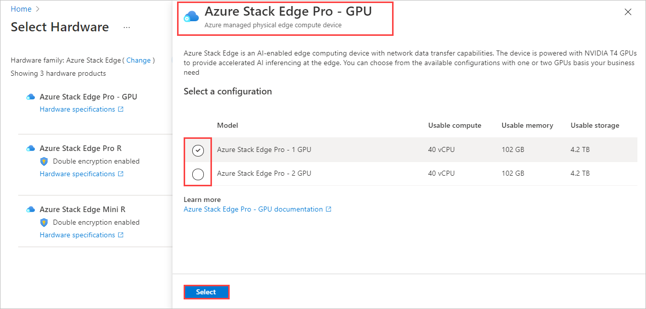 Cuplikan layar untuk memilih konfigurasi perangkat keras untuk produk perangkat keras dalam pesanan Azure Edge Hardware Center. Opsi produk dan konfigurasi perangkat keras disorot.