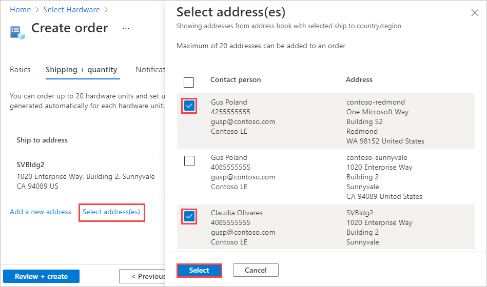 Cuplikan layar Pilih Alamat untuk pesanan Azure Edge Hardware Center. Opsi 