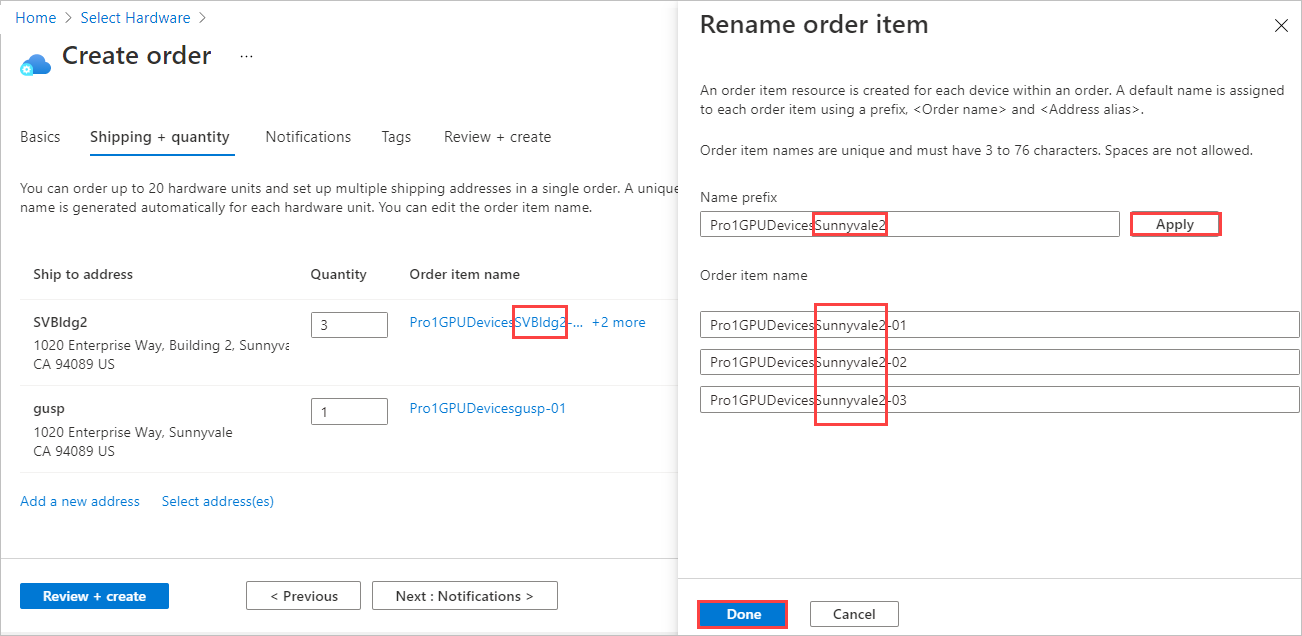 Cuplikan layar yang memperlihatkan cara mengganti nama item pesanan untuk pesanan Azure Edge Hardware Center