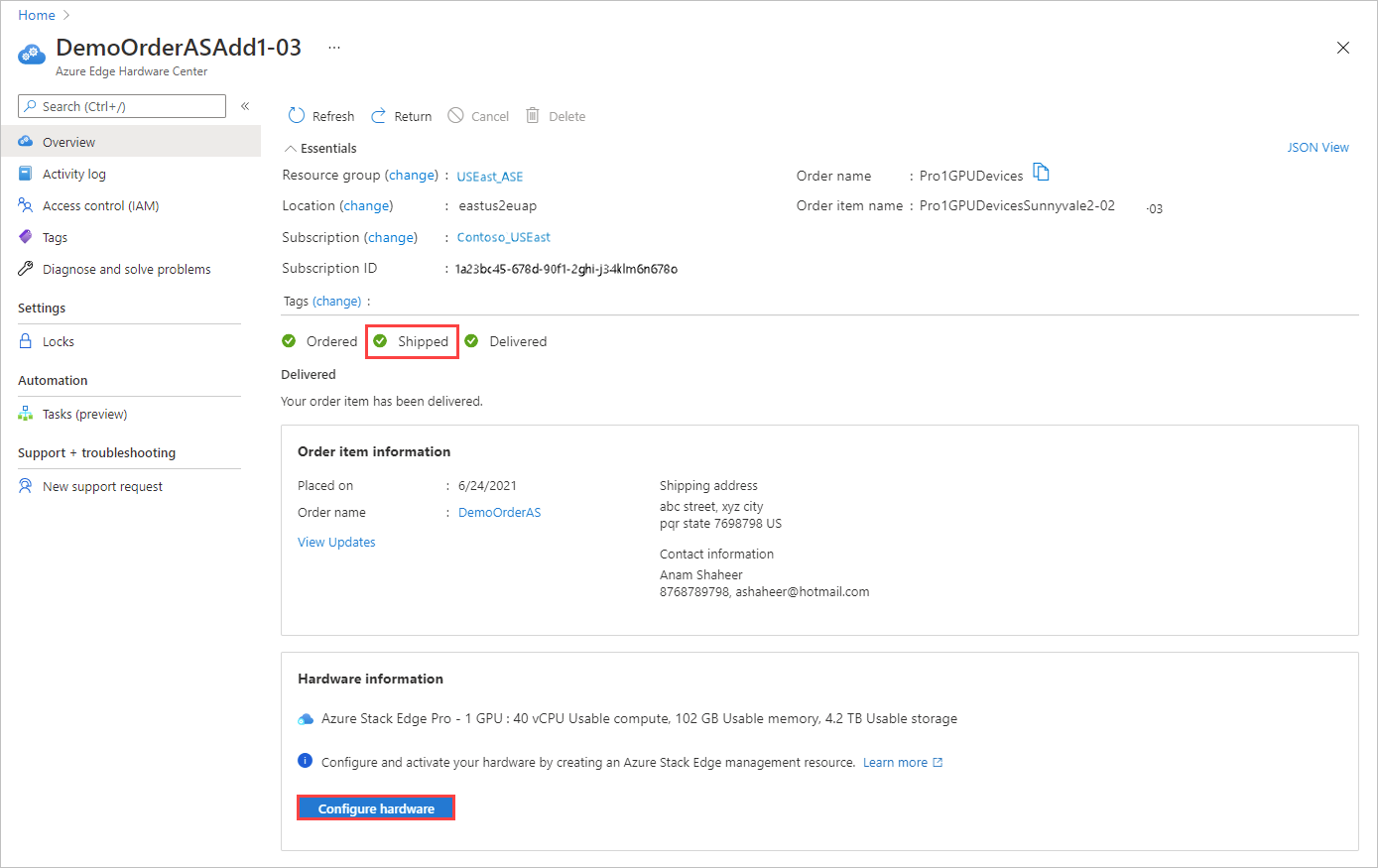 Screenshot showing the Configure hardware option for an order item shipped from the Azure Edge Hardware Center.