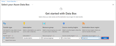 Cuplikan layar opsi untuk memilih Jenis Transfer, Langganan, Grup Sumber Daya, dan sumber dan tujuan untuk memulai urutan Data Box di portal Azure.