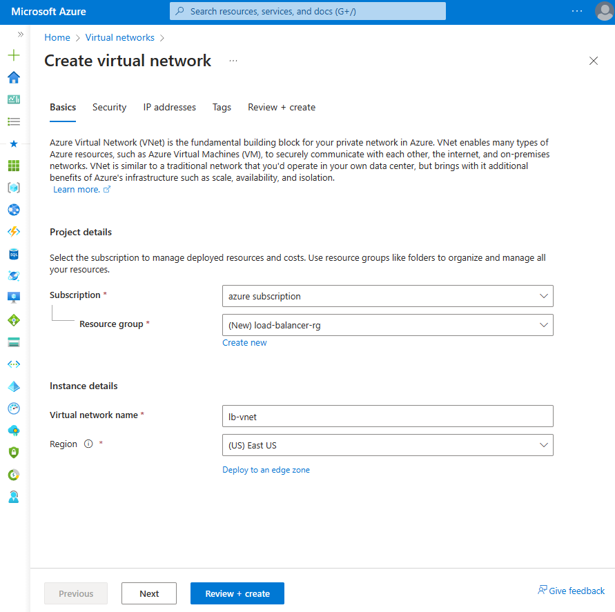 Cuplikan layar tab Dasar dari Buat jaringan virtual di portal Azure.