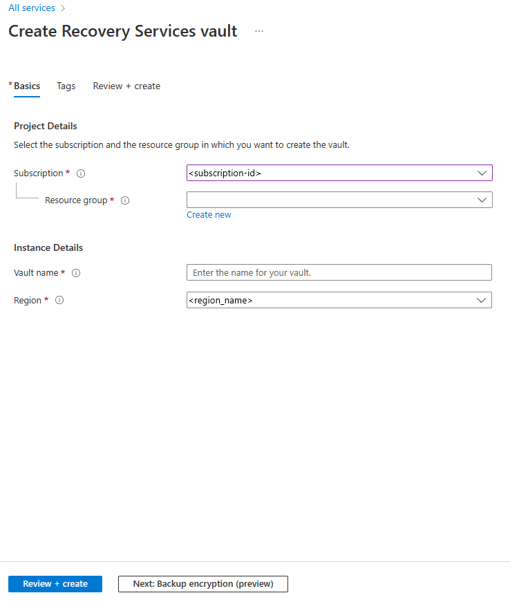 Cuplikan layar opsi pembuatan Layanan Pemulihan vault.