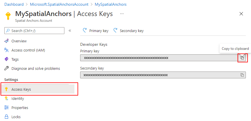 Screenshot that shows the Keys tab with the Copy button for the Primary key highlighted.