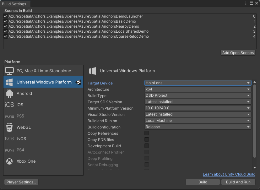 Cuplikan layar panel Pengaturan Build Unity - HoloLens