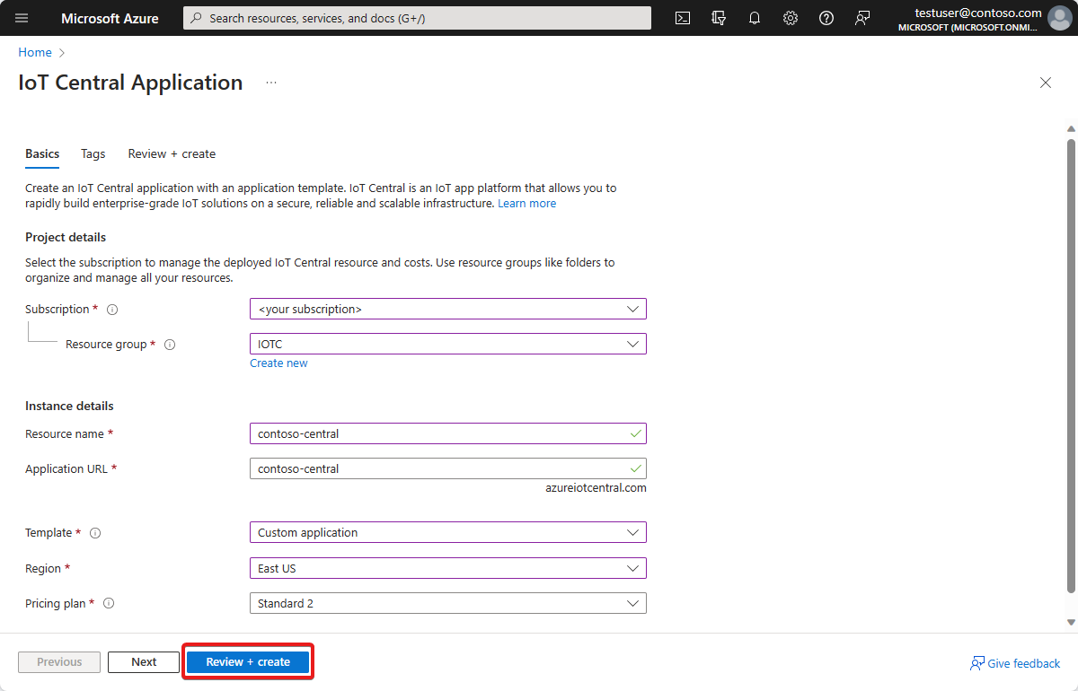 Cuplikan layar yang memperlihatkan pengalaman membuat aplikasi di portal Azure.