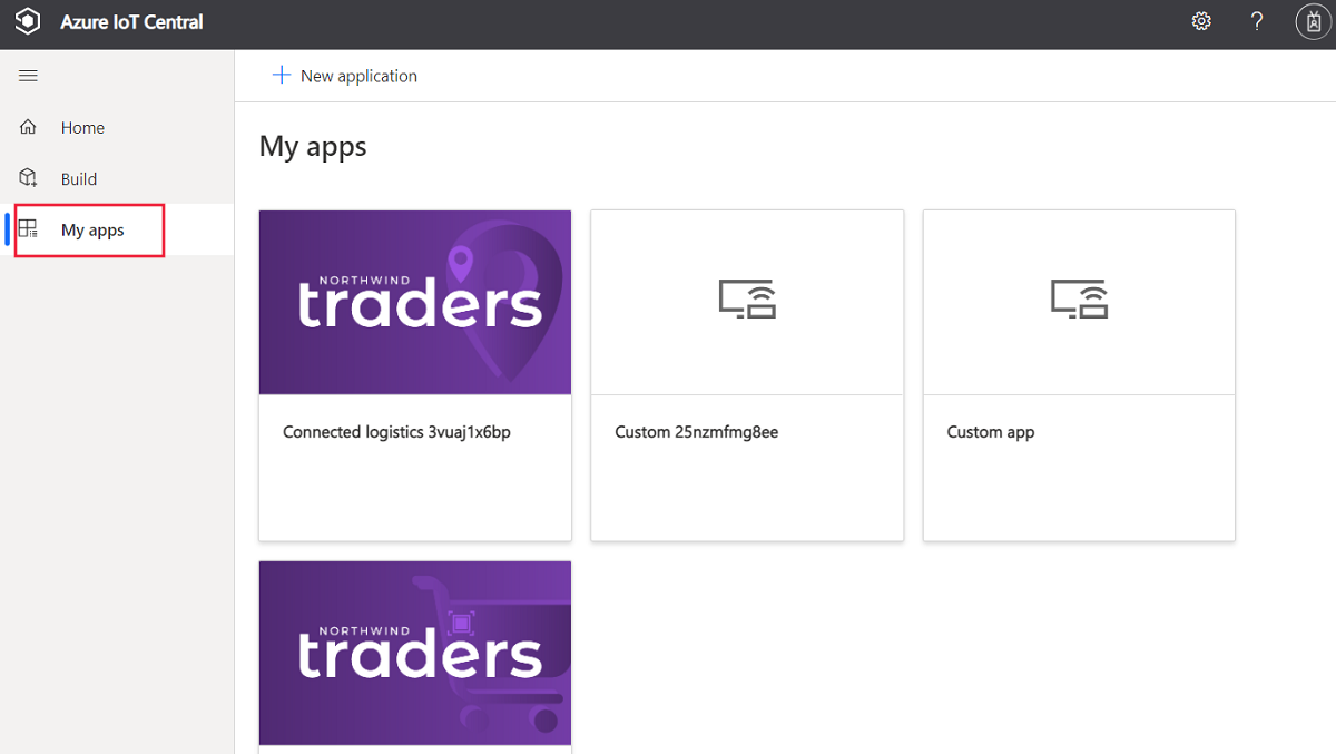 Cuplikan layar manajer aplikasi IoT Central yang menampilkan daftar aplikasi yang dapat Anda akses.