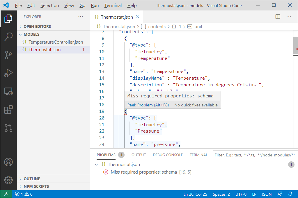 Cuplikan layar yang memperlihatkan validasi model DTDL di Visual Studio Code.