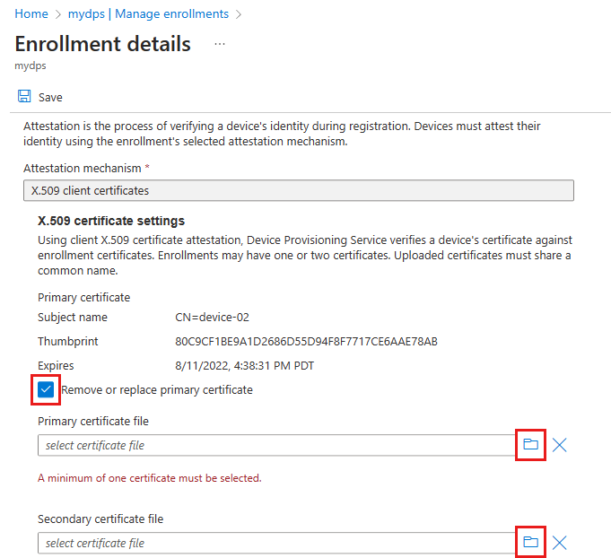 Cuplikan layar yang memperlihatkan cara menghapus sertifikat dan mengunggah sertifikat baru.