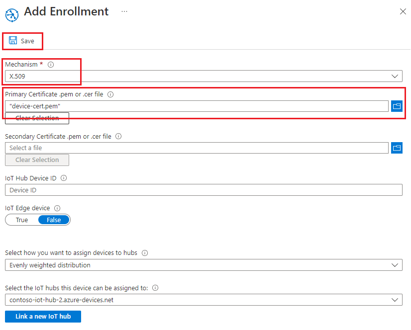 Cuplikan layar yang memperlihatkan penambahan pendaftaran individu dengan pengesahan X.509 ke DPS di portal Azure.