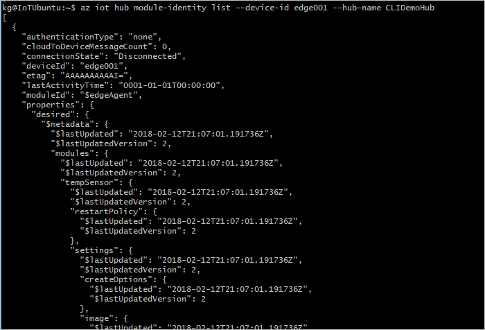 Cuplikan layar memperlihatkan output perintah az iot hub module-identity list.