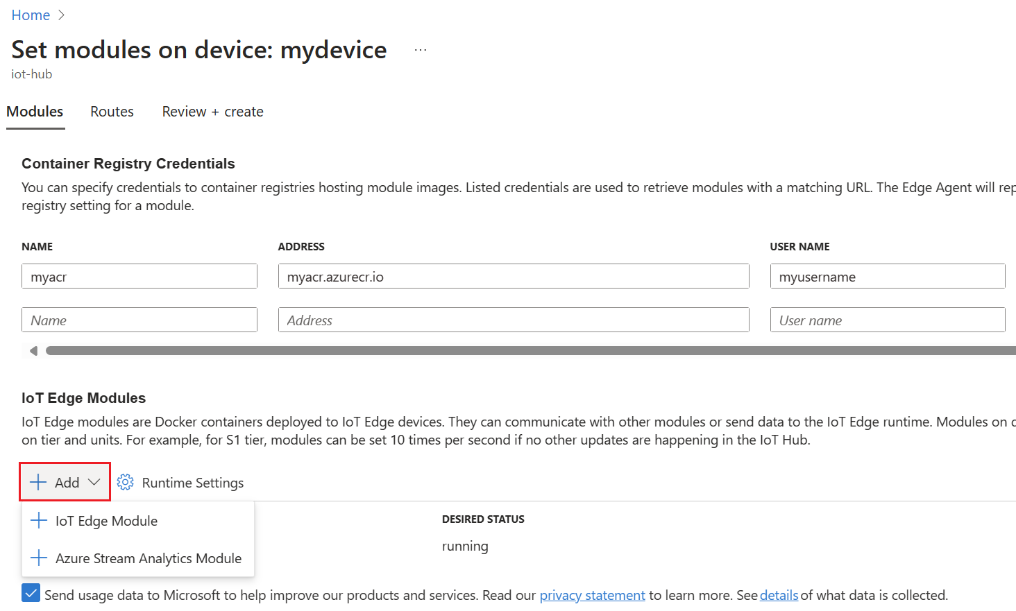 Cuplikan layar memilih tombol toolbar tambahkan modul IoT Edges di portal Azure.