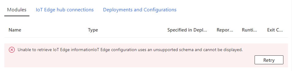 Screenshot kesalahan di portal Azure pada halaman perangkat IoT Edge.